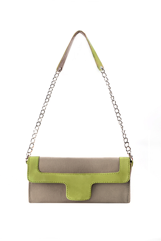 Taupe brown and pistachio green women's dress clutch, for weddings, ceremonies, cocktails and parties. Top view - Florence KOOIJMAN
